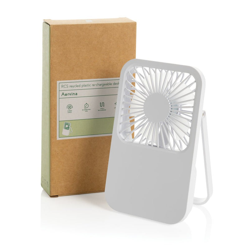 Load image into Gallery viewer, Aervina RCS recycled plastic re-chargeable desk fan - Custom Wood DesignsAervina RCS recycled plastic rechargeable desk fan from XD Collection, designed for phone and tablet accessories, shown on a desk.Phone &amp; Tablet accessoriesP457.0803Recycled ABSwhite
