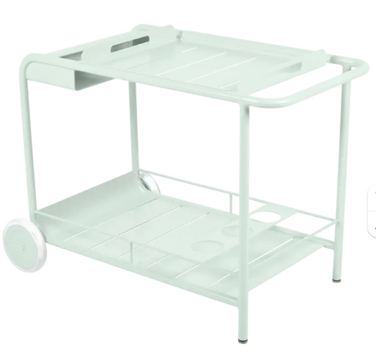 Fermob Luxembourg Side Bar Trolley with wheels, mint green color, designed for restaurant terrace drinks service.