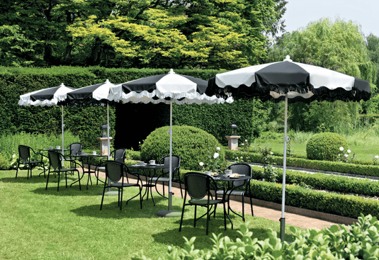 Aluminium parasol with 250cm diameter, wave finish, fringe detailing, from Custom Wood Designs, outdoor shade solution.