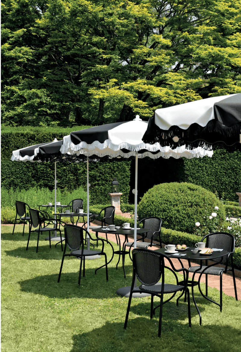 Load image into Gallery viewer, Aluminium parasol with 250cm wave finish and fringe detail from Custom Wood Designs, outdoor shade for garden or patio.
