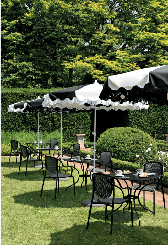 Aluminium parasol with 250cm wave finish and fringe detail from Custom Wood Designs, outdoor shade for garden or patio.