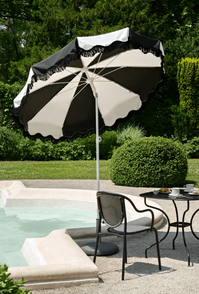 Load image into Gallery viewer, Aluminium parasol with 250cm diameter, wave finish, fringe detail, by Custom Wood Designs, suitable for outdoor shading.
