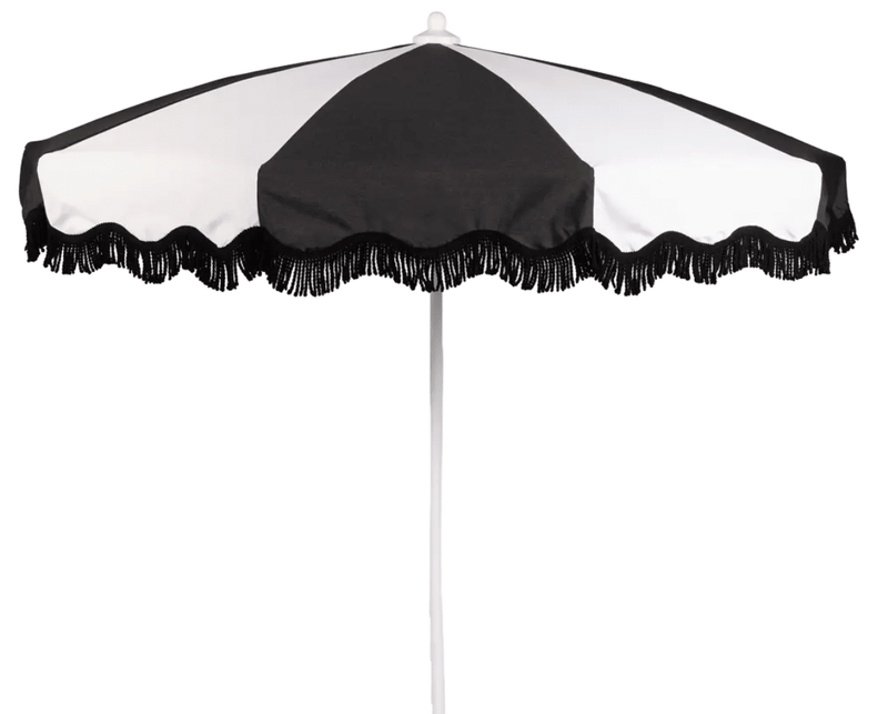 Load image into Gallery viewer, Aluminium parasol with 250cm diameter, wave finish, fringe detail, suitable for outdoor patio, by Custom Wood Designs
