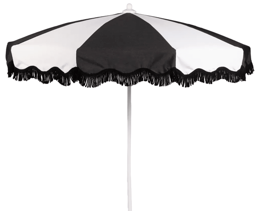 Aluminium parasol with 250cm diameter, wave finish, fringe detail, suitable for outdoor patio, by Custom Wood Designs