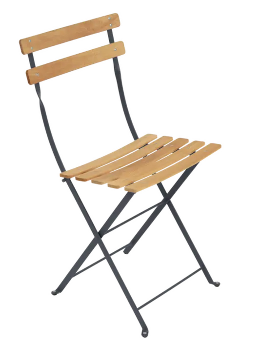 Fermob Bistro Natural folding chair with black metal frame and wooden seat, outdoor furniture for patio or garden use.