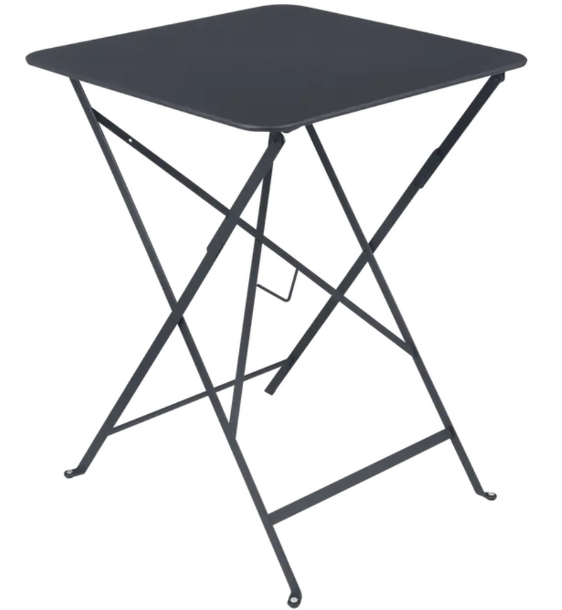 Load image into Gallery viewer, Fermob black foldable metal bistro table 57x57 inches, outdoor use, with sleek antracite finish and compact design for patio or cafe.
