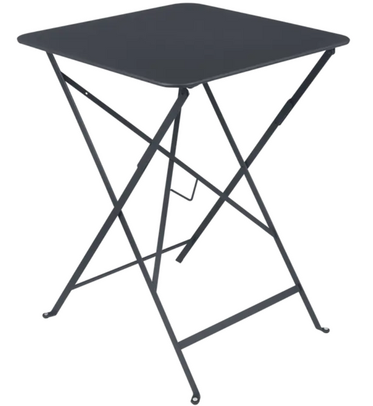 Fermob black foldable metal bistro table 57x57 inches, outdoor use, with sleek antracite finish and compact design for patio or cafe.