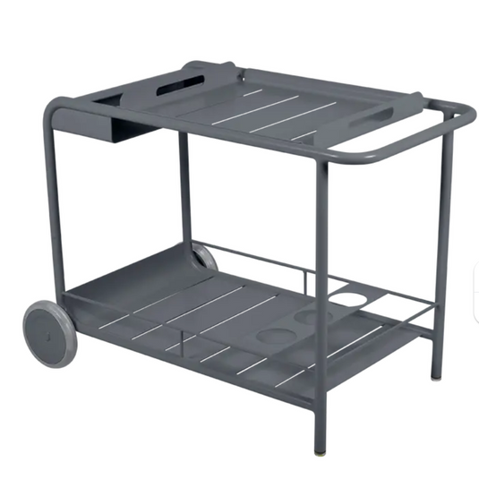 Fermob Luxembourg Side Bar Trolley with wheels in anthracite color, ideal for restaurant terrace drinks service