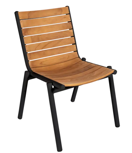Fermob Pilotis teak outdoor chair with antracite aluminum frame, showcasing sleek design and natural teak wood armrests.