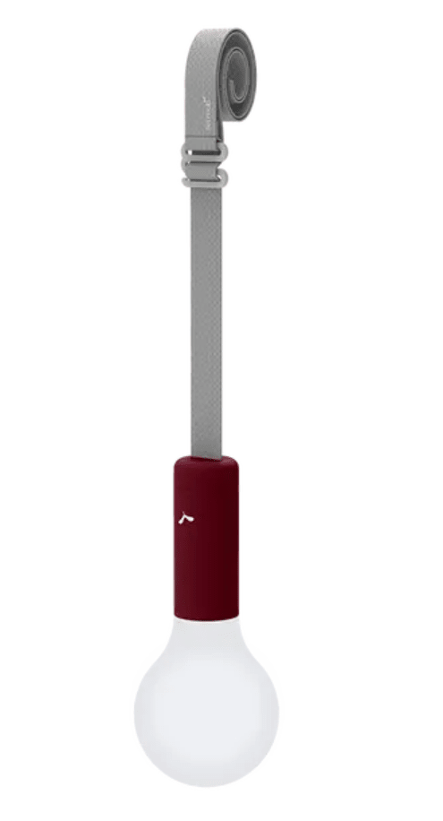 Fermob APLÔ suspended black, cherry, and blue LED pendant lamp with adjustable suspension strap, rechargeable hanging light.