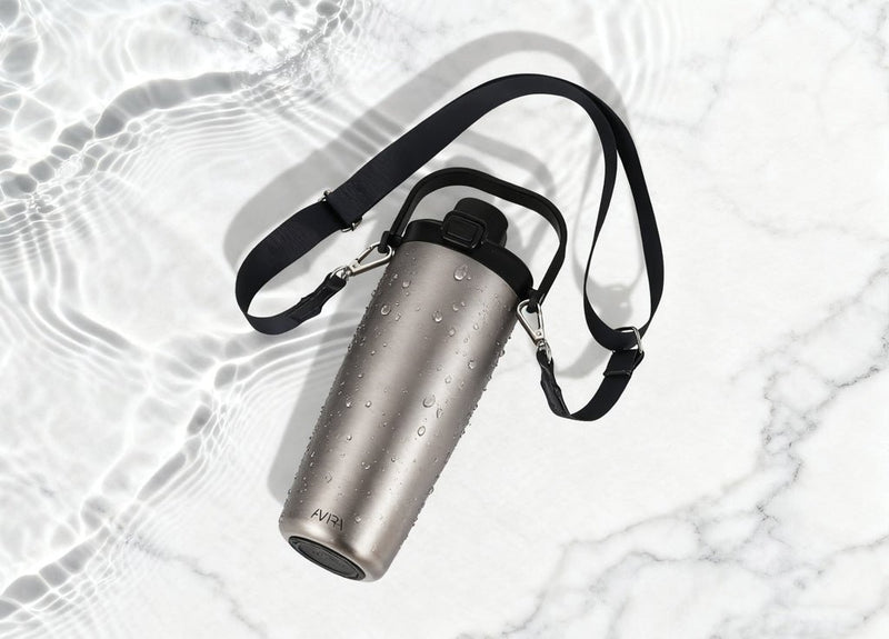 Load image into Gallery viewer, Avira Ayala RCS re-steel duosip lockable crossbody tumbler - Custom Wood DesignsAvira Ayala RCS re-steel duosip lockable crossbody tumbler with stainless steel finish and secure lid, designed for on-the-go drinking.DrinkwareP438.1102Recycled Stainless steel,Polypropylenesilver
