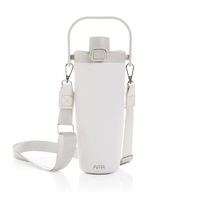 Load image into Gallery viewer, Avira Ayala RCS re-steel duosip lockable crossbody tumbler - Custom Wood DesignsAvira Ayala RCS re-steel duosip lockable crossbody tumbler with stainless steel body and secure lid for drinks.DrinkwareP438.1103Recycled Stainless steel,Polypropylenewhite
