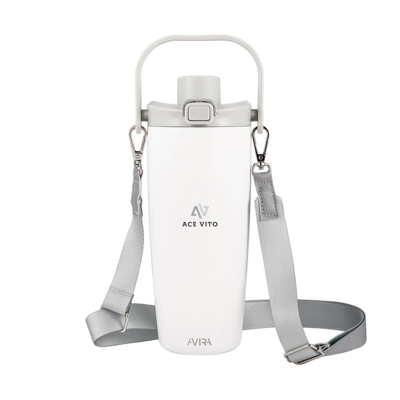 Load image into Gallery viewer, Avira Ayala RCS re-steel duosip lockable crossbody tumbler - Custom Wood DesignsAvira Ayala RCS re-steel duosip lockable crossbody tumbler with stainless steel finish and secure lid for drinks on the go.DrinkwareP438.1103Recycled Stainless steel,Polypropylenewhite
