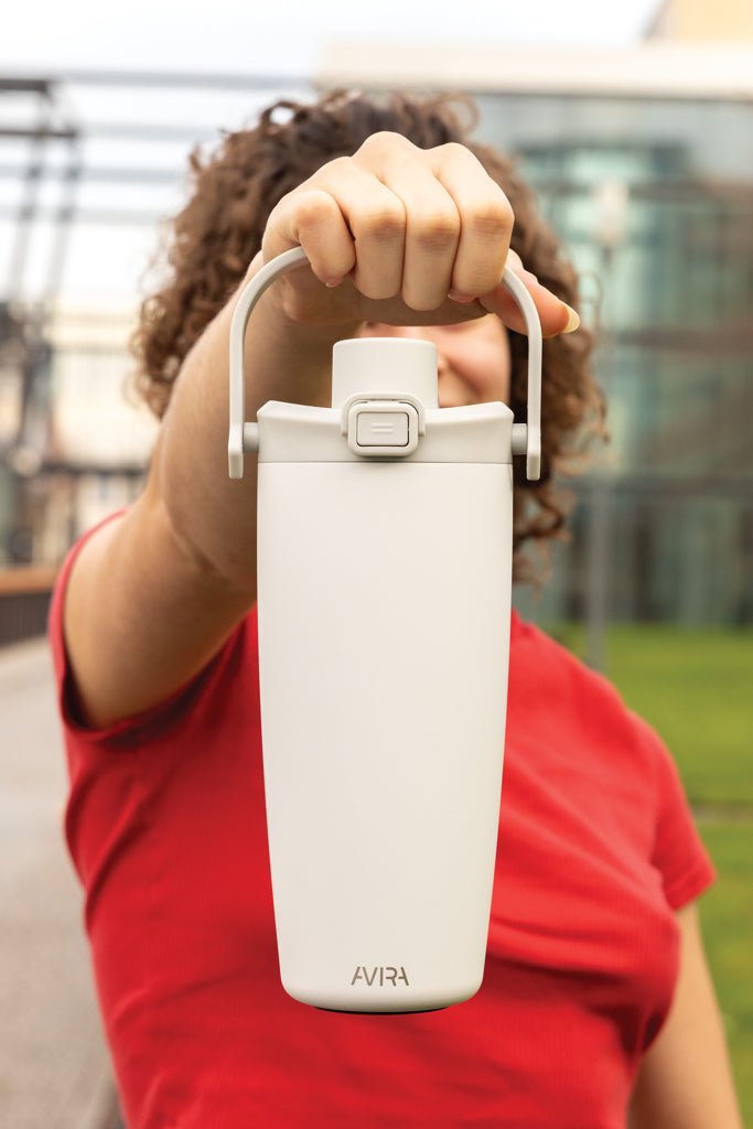 Load image into Gallery viewer, Avira Ayala RCS re-steel duosip lockable crossbody tumbler - Custom Wood DesignsAvira Ayala RCS re-steel duosip lockable crossbody tumbler, stainless steel drinkware with secure lid and compact design.DrinkwareP438.1103Recycled Stainless steel,Polypropylenewhite

