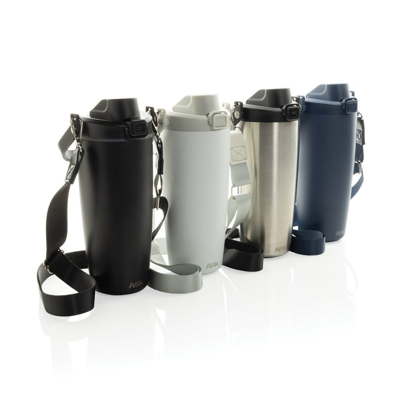 Load image into Gallery viewer, Avira Ayala RCS re-steel duosip lockable crossbody tumbler - Custom Wood DesignsAvira Ayala RCS re-steel duosip lockable crossbody tumbler with stainless steel design and leak-proof lid.DrinkwareP438.1101Recycled Stainless steel,Polypropyleneblack
