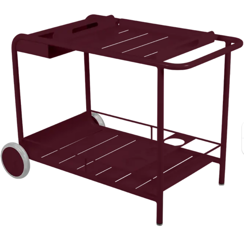 Load image into Gallery viewer, Fermob Luxembourg Side Bar trolley with black cherry finish, mobile table with wheels for restaurant terrace drinks service
