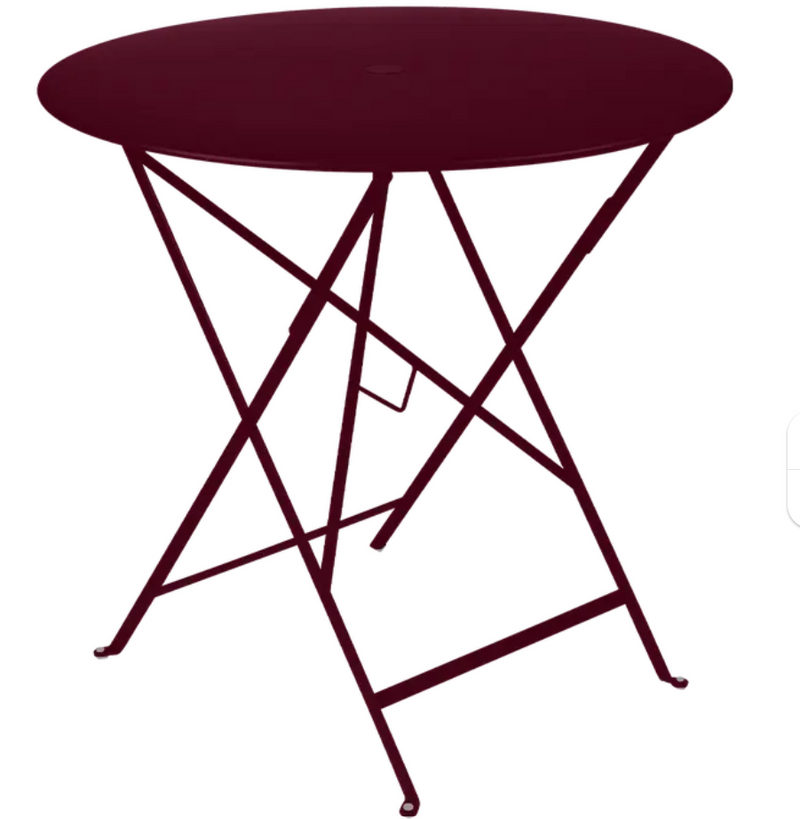 Load image into Gallery viewer, Fermob Bistro round folding table in black cherry red, 77cm diameter, outdoor metal terrace table with foldable design
