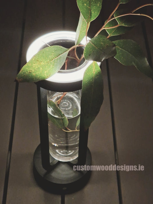 Cordless rechargeable LED table lamp in black for restaurant and hotel tables – available from Custom Wood Designs Ireland