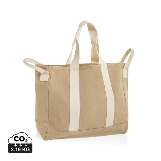 Beau Aware™ beach bag by XD Xclusive made of 400gsm recycled canvas with side handles, perfect for travel and beach outings.
