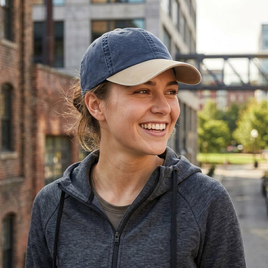 XD Xclusive BEAU AWARE™ washed 6-panel cotton twill cap in two-tone design, showcasing its stylish headwear style and stitching details.