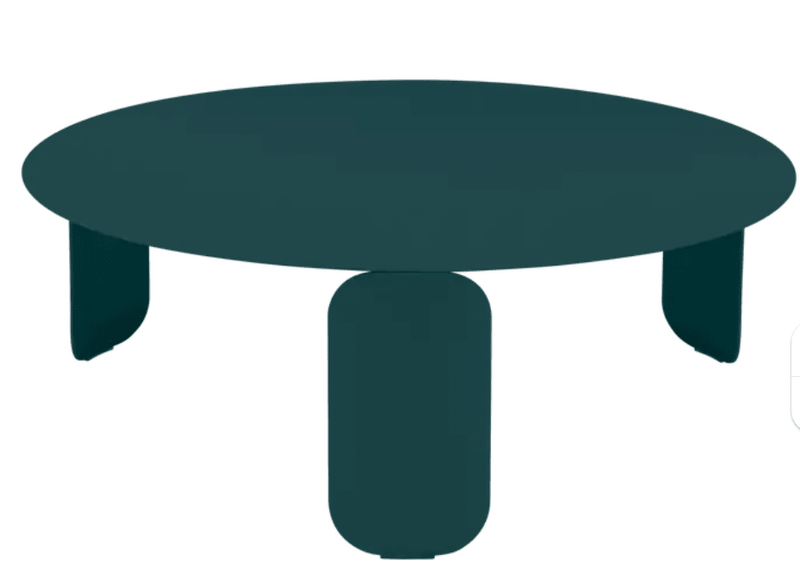 Load image into Gallery viewer, Fermob Bebop low outdoor table in Acapulco Blue with an anthracite round tabletop, 80cm diameter, perfect for outdoor seating areas.
