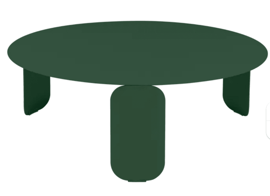 Fermob Bebop Low Table in cedar green, round outdoor coffee table with 80cm diameter and anthracite finish.