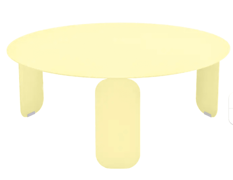 Load image into Gallery viewer, Fermob Bebop Low Table in frosted lemon color, 80cm diameter, round outdoor coffee table with anthracite finish.
