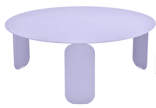 Fermob Bebop Low Table in marshmallow lilac purple, 80cm diameter, outdoor round coffee table with anthracite finish.