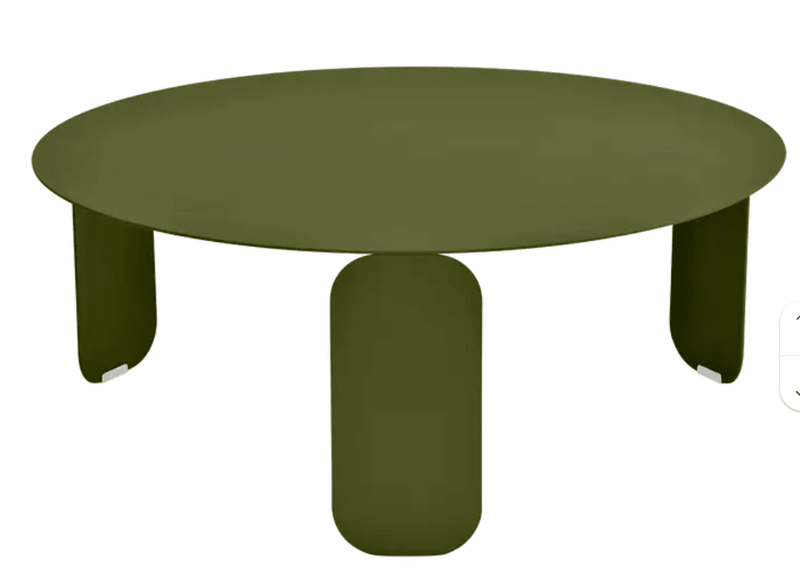 Load image into Gallery viewer, Fermob Bebop low outdoor table in Pesto green with an 80cm round tabletop and anthracite legs for outdoor use.
