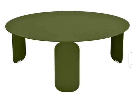 Fermob Bebop low outdoor table in Pesto green with an 80cm round tabletop and anthracite legs for outdoor use.