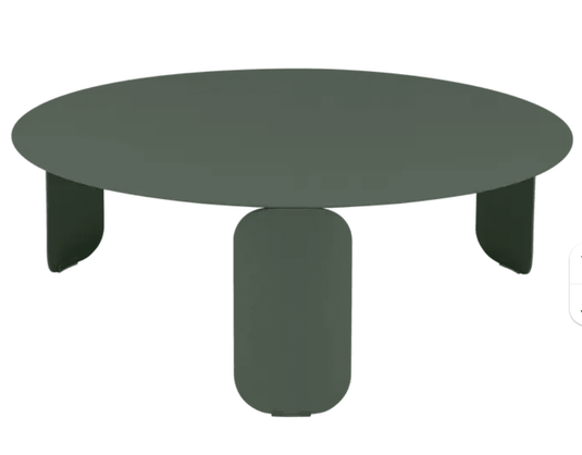 Fermob Bebop low outdoor table with an 80cm diameter in anthracite, round design for outdoor patio or garden seating area.