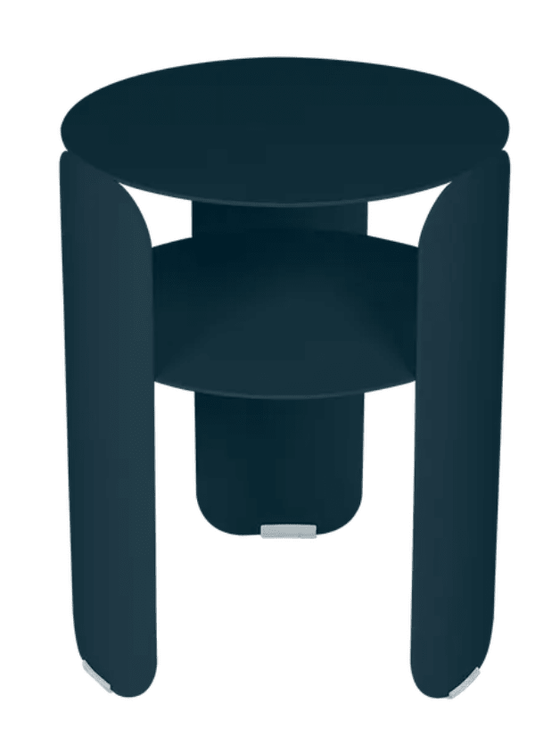 Fermob Bebop Side Table in Acapulco Blue with 35cm diameter, outdoor metal offset table with anthracite finish.