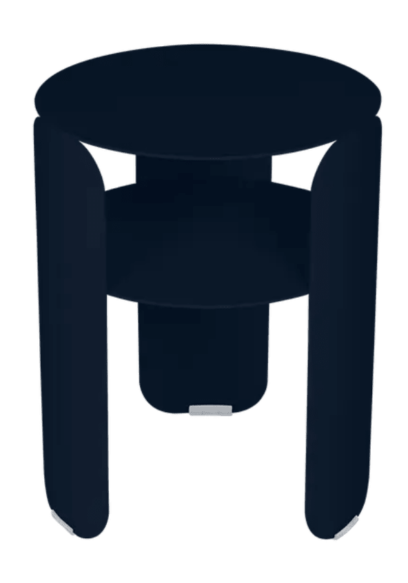 Load image into Gallery viewer, Deep blue Fermob Bebop side table with a 35cm diameter, metal offset design, ideal for outdoor use.
