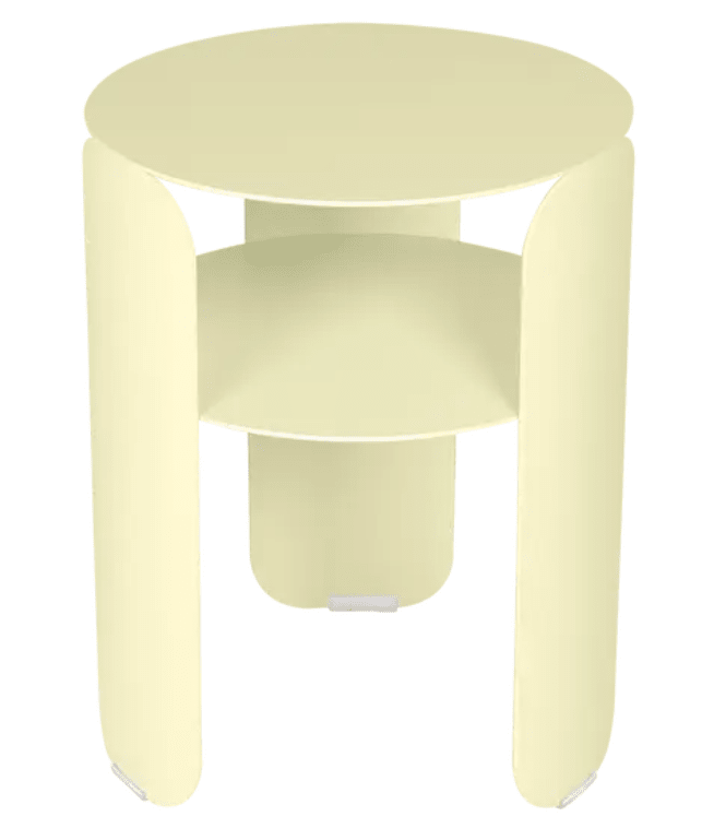Load image into Gallery viewer, Fermob Bebop side table with frosted lemon blue finish, 35cm diameter, metal offset outdoor table on an anthracite background.
