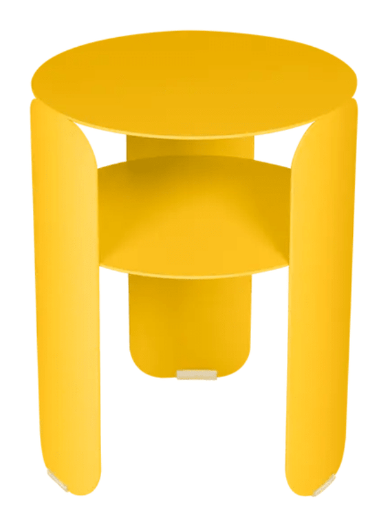 Fermob Bebop Side Table with 35cm diameter, honey-colored metal surface, outdoor offset design in anthracite finish.