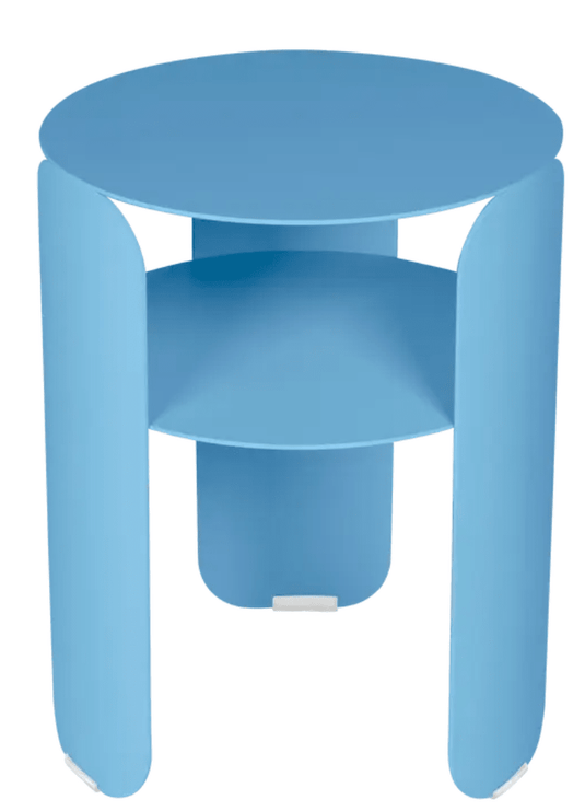 Maya Blue Fermob Bebop Side Table with 35cm diameter, metal offset design, suitable for outdoor use.