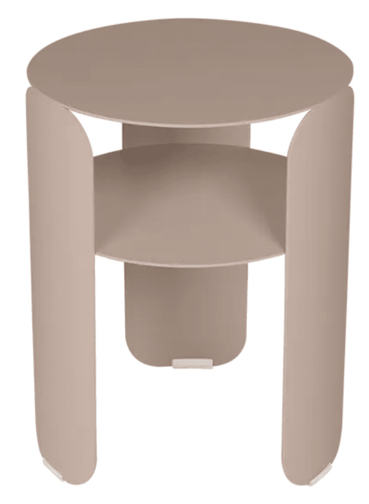 Fermob Bebop side table with a 35cm diameter in nutmeg beige and anthracite metal, suitable for outdoor use.