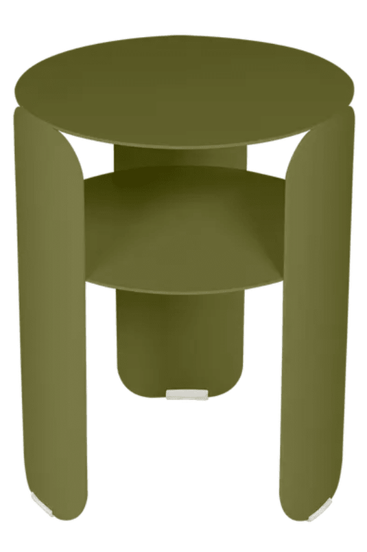 Fermob Bebop Side Table with 35cm diameter, round offset design, metal construction in anthracite finish for outdoor use.