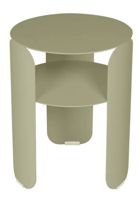 Willow green Fermob Bebop Side Table with 35cm diameter, metal offset design, outdoor use, anthracite finish.