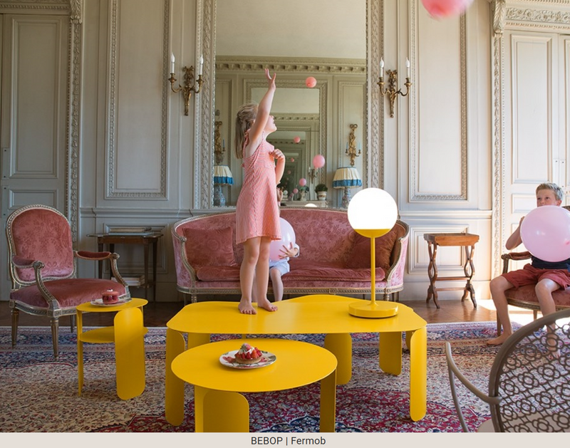 Load image into Gallery viewer, Fermob Bebop Side Table with 35cm diameter, anthracite metal finish, outdoor offset design, featuring a vibrant yellow tabletop.
