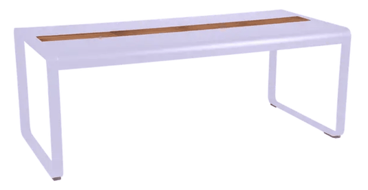 Bellevie outdoor dining table by Fermob, 196x90cm wood and metal table with storage, blue finish, eight-seater for patio or garden.