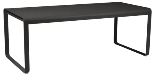 Fermob Bellevie outdoor metal dining table in Liquorice color, 196 x 90 cm, ideal for eight-seater outdoor dining.