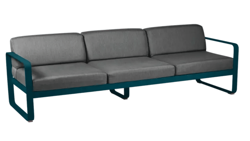 Load image into Gallery viewer, Grey Fermob Bellevie 3-seater outdoor sofa with metal frame, stylish garden furniture for outdoor relaxation.
