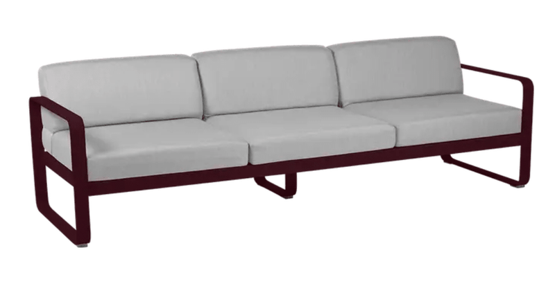 Load image into Gallery viewer, Black cherry and flannel grey Fermob Bellevie 3-seater outdoor sofa with metal frame, stylish and comfortable outdoor furniture.
