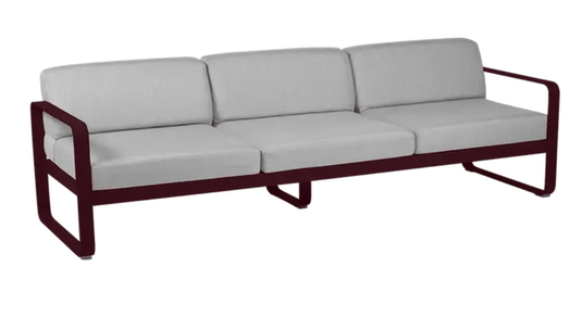 Black cherry and flannel grey Fermob Bellevie 3-seater outdoor sofa with metal frame, stylish and comfortable outdoor furniture.