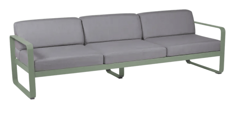 Load image into Gallery viewer, Grey Fermob Bellevie 3-seater outdoor sofa with metal frame, featuring a cushioned seat and backrest, perfect for outdoor relaxation.

