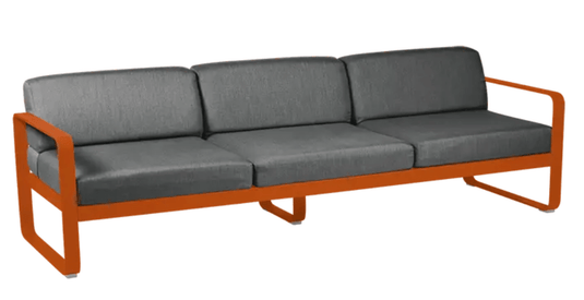 Fermob Bellevie 3-seater outdoor sofa with metal frame in Candied Orange and Graphite Grey, weather-resistant garden furniture.