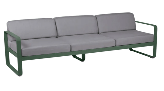 Cedar green and flannel grey Fermob Bellevie 3-seater outdoor sofa with metal frame, stylish outdoor furniture for patio or garden.