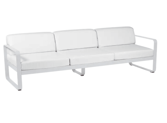 Cotton white Fermob Bellevie 3-seater outdoor sofa with metal frame, ideal for garden or patio seating.