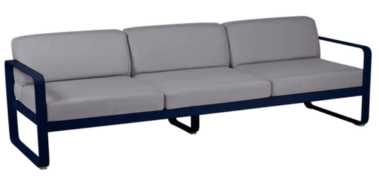 Deep blue and grey Fermob Bellevie 3-seater outdoor sofa with metal frame, perfect for stylish outdoor seating.